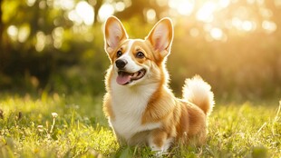 阳光下的快乐柯基犬