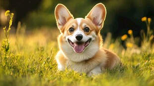 阳光下快乐躺卧的小柯基