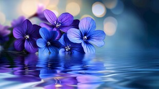 梦幻蓝紫色花朵倒映水面