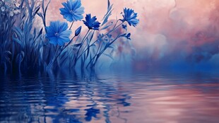 梦幻蓝花映于静谧水面