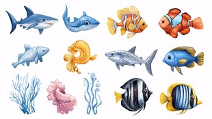 海洋鱼类及珊瑚插画集合