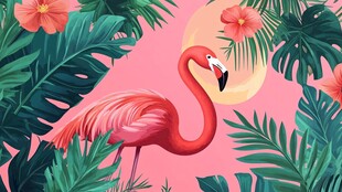 粉色火烈鸟的热带植物世界