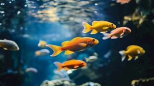 畅游的多彩金鱼在水中嬉戏