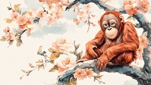 猩猩栖于繁花盛开的枝头