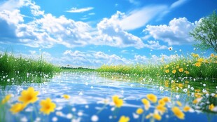 湖畔繁花映蓝天美景