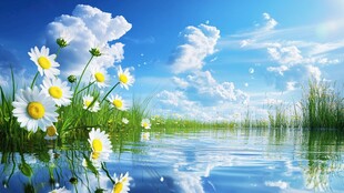 湖畔雏菊映蓝天美景