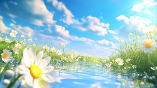 蓝天白云下的烂漫雏菊溪景