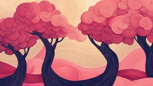 梦幻粉色树木风景插画