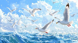 海鸥翱翔于碧海蓝天间