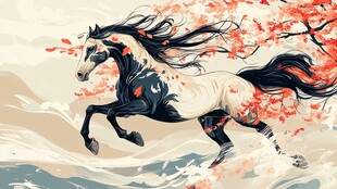 水墨奔马伴红叶显神韵