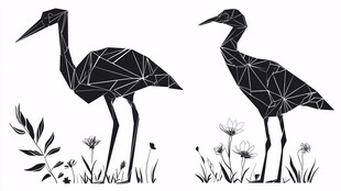 几何风格鹤与花草图案