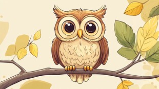 可爱猫头鹰栖息于秋日枝头
