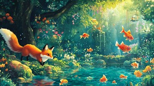 狐狸漫步梦幻森林池塘畔