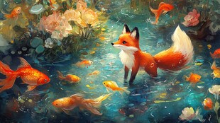 狐狸漫步于金鱼环绕之境