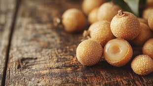 木桌上的新鲜桂圆果实