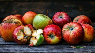 木桌上多彩且多样的苹果