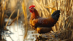 溪边雄鸡站立于芦苇旁