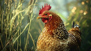 田园中昂首的美丽花公鸡