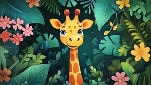 可爱长颈鹿置身缤纷丛林