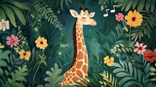 长颈鹿在繁花丛林中欢唱