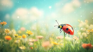 春日花丛中的瓢虫精灵