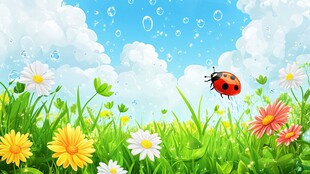 春日草地瓢虫飞舞图景