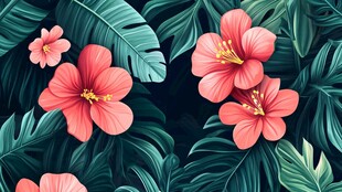 粉色扶桑与绿叶图案背景