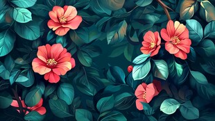 艳丽山茶花与绿叶的景致