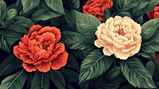 双色牡丹与绿叶的精美画面