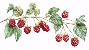 手绘枝头红树莓与绿叶