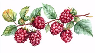 水彩绘枝头饱满树莓