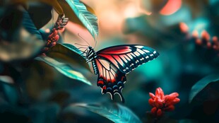 梦幻蝴蝶栖于花叶间