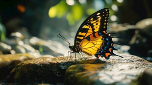 蝴蝶静栖于湿润石块上