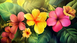 缤纷扶桑花与绿叶的美景