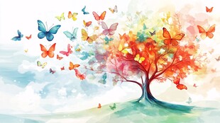 梦幻彩蝶绕树飞舞美景