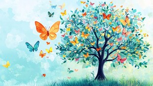 春日蝴蝶绕树的梦幻景象