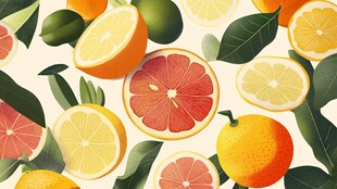 多彩柑橘类水果与绿叶图案
