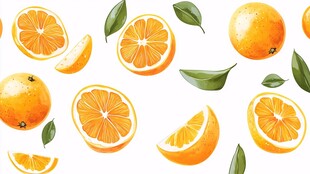 水彩风鲜橙与绿叶图案