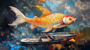 梦幻金鱼跃出古朴瓷碗