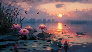 湖畔睡莲映晚霞