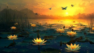 夕阳下的荷塘美景