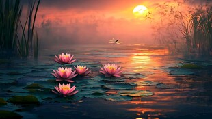 夕阳下的睡莲与蜻蜓美景