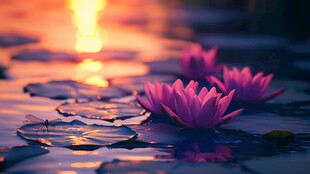 夕阳下的水中绽放睡莲