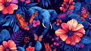 大象花卉蝴蝶奇幻图案