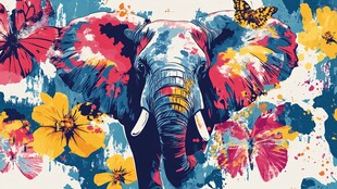 大象与繁花的梦幻插画