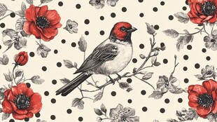 枝头红雀伴繁花圆点图案