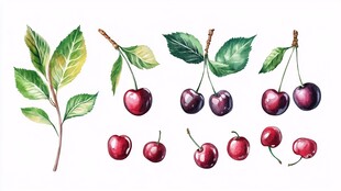 水彩樱桃与枝叶手绘插画