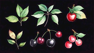 樱桃与叶水彩绘画素材