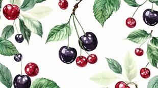 水彩樱桃绿叶图案设计