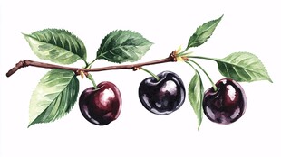 枝头黑樱桃水彩插画